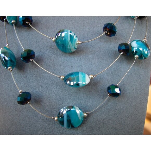 Multilayered Teal & Blue Crystal Bead Necklace With Adjustable Chain - Picture 2 of 4
